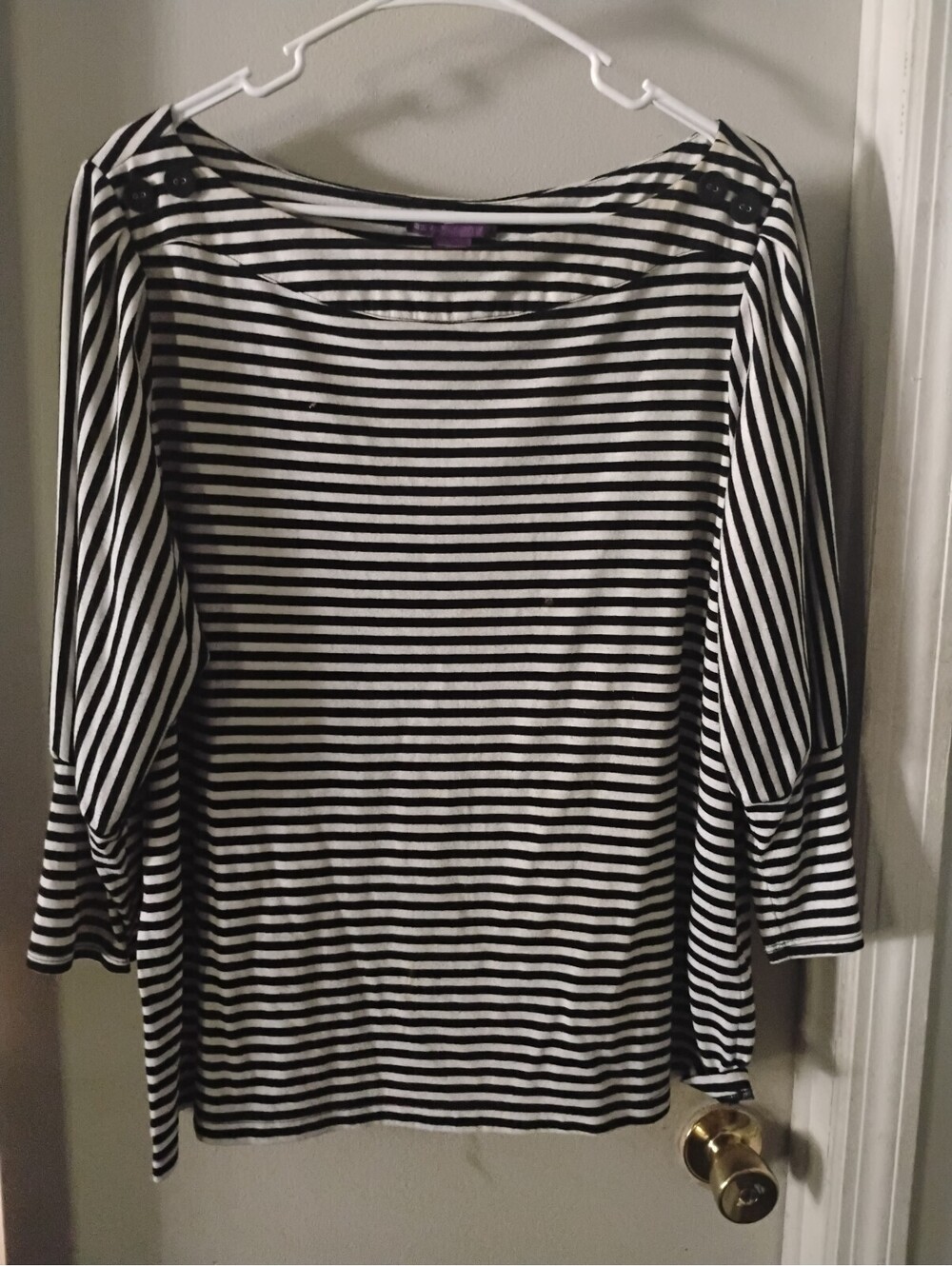 Everly Drive Black White Striped Boatneck Top 3/4 Sleeve Button Shoulder L